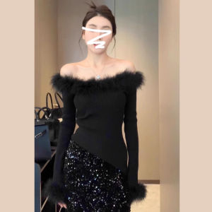 เสื้อสเวตเตอร์ถักแขนยาวสีดำ ทรงเข้ารูป สำหรับผู้หญิง ฤดูใบไม้ผลิ ฤดูใบไม้ร่วง ฤดูหนาว เสื้อคลุมไหล่สไตล์สตรีท ผ้าขนแกะ