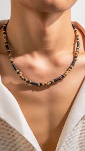 Brown and Black Small Beaded Chain Necklace Men Trendy Wood Beads Short Choker Necklace Collar on Neck 2023 Fashion Jewelry Male