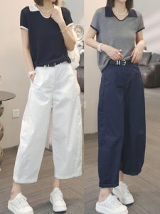 Shalldoer | Chic Two-Piece Set Womens Summer Korean Style Contrast Color Collar Short Sleeve T-Shirt Straight Casual Pants Ensemble
