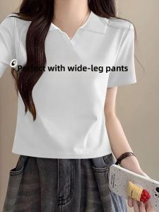 LINGLONGDAI | Polo Collar Short Sleeve Summer T-shirt Slim Fitting Blouse