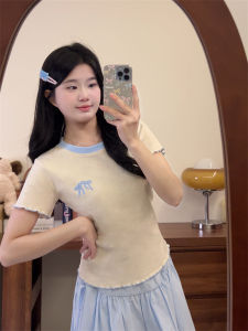 Embroidered Short Sleeve T-Shirt Womens Slim Fit round Neck Top Color Block Design Summer New Style Cute Style Cotton Blend