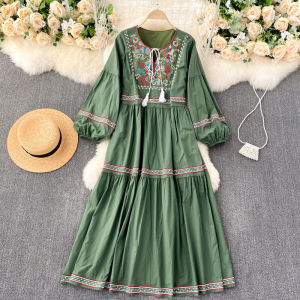 Retro Bohemian Embroidered Tassel Loose round Neck Large Size Womens Ethnic Style Holiday Dress Korean Style Commute Dress