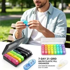 Leather Bag Medicine Box 21 Grids for Daily Morning Middle And Evening Doses Pill Plastic Storage Organizer for Health Managemen