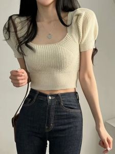 Slim Fit Knitted Top Womens Summer French Vintage Square Collar Backless Tie Bubble Sleeve Short Length Fashionable Casual Shirt
