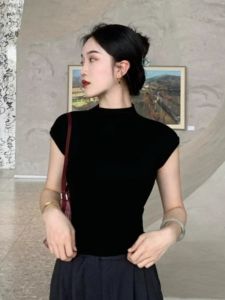 HUOLISI | Half-Neck Black Ice Silk Knit T-Shirt