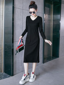 Váy Dài Tay Cổ Chữ V Dáng Rộng Cho Nữ Mùa Xuân Thu Màu Đen Váy Midi Dáng Chữ a Thường Ngày Váy Công Sở Váy Chữ a