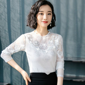 เสื้อเชิ้ตคอตั้งแขนยาวผ้าตาข่ายลูกไม้บางสำหรับผู้หญิง เสื้อเชิ้ตสั้นแฟชั่นฤดูใบไม้ร่วง ทรงสลิมฟิต สไตล์เกาหลี