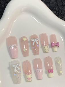 Cute Butterfly Knot French Style Long Nails Pink Series Girl Heart High Gloss Wearable Nails Easy to Wear And Remove