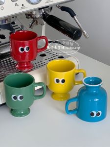 Colorful High Base Big Eyes Cup Korean Ins Vintage Ceramic Coffee Cup Mug Cute Couple Water Cup Gift