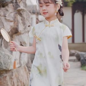 [1-10 Years] daidai (Ready Stock) Girl Dress Cheongsam Hanfu Kid Children CNY Clothes Green 女童短袖旗袍裙夏季新款儿童中国风连衣裙复古汉服网红仙