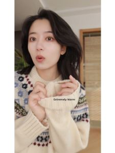 BINKAFENNY | Retro Round Neck Color Block Knitted Sweater Womens Autumn Winter Loose Lazy Style Long Sleeve Top Korean Style Knitwear