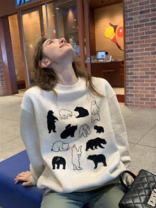 NIHAOKANONG | Áo Sweater Cổ Tròn Lỏng Rộng In Hình Gấu Bắc Cực Có Lông