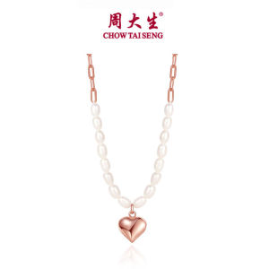 CTS S925 Silver Pearl Rose Gold Heart Necklace for Women Fashion Festival Party Gift Jewelry CHOW TAI SENG 周大生 S1PC0754