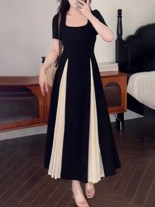 Plus Size Womens Clothing Plus Size Ladies Stylish Color Contrast Patchwork Skirt Square Collar Dress Womens Summer Elegant Slimming Slim Fit Long Skirt