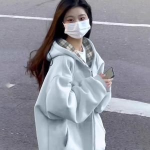 Yellow Zipper Hoodie Jacket Womens Spring Autumn Thin Loose Lazy Style Open Cardigan Sweatshirt Trendy Cotton Polyester Blend