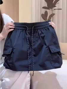 Vintage Navy Blue A-line Skirt Women Stretch Waist
