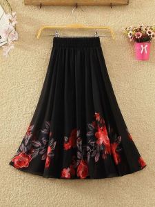 Spring Summer New Style Chiffon High Waist Slim Long Skirt Dancing Square Dance Midi Skirt for Middle-Aged Women A-Line Skirt