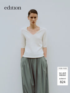 Elite Wardrobe Series Summer New V-neck Cotton Linen Knitted Top EBD2SWT002 Short Sleeve Pure Color Pullover Fashionable Womens Knittedwear