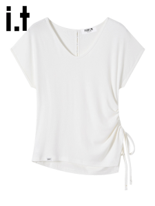 Irregular V-neck Waist-slimming Loose T-shirt White Summer