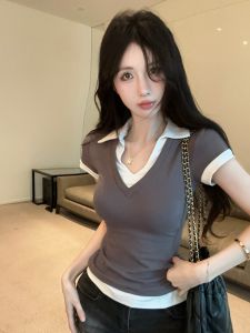 GUZILIAN | Slim Fit V-Neck T-Shirt Color Block Design Basic Style Short Sleeve Summer Top Korean Commute Style Versatile Casual Wear