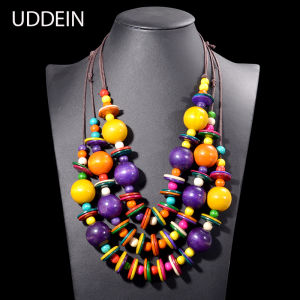 MOON GIRL | Ethnic Customs Multi Layer Handmade Big Bead Wood Necklace & Pendant Leather Chain Adjust Bohemian Wooden Jewelry Vintage Collar