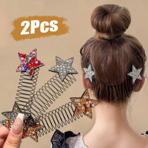 2Pcs Women Invisible Colorful Rhinestone Star Hairband Stretchable Metal Hair Comb Clip Girls Korean Fashion Hair Accessories