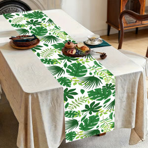 Green Tropical Leaf Table Runner Hawaiian Monstera & Palm Leaf Table Decor for Summer Luau Party & Dining