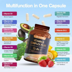 Vitamin B tổng hợp 13 trong 1 với Vitamin B1 B2 B3 (Niacinamide) B4 B5 B6 B7 (Biotin) B8 (Inositol) B9 (Folate) B12 C D3 K2 - Hỗ trợ năng lượng thần kinh miễn dịch da - 120 viên nang thuần chay