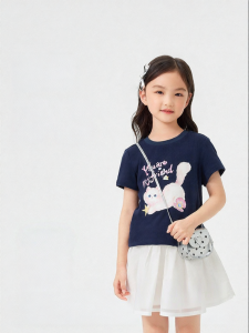 Purcotton | Children Short Sleeve Cotton T-shirt with Cutout Embroidery Cat Pattern