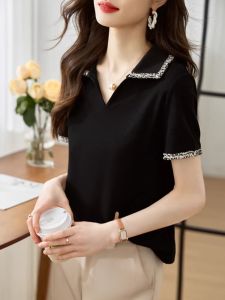 WANGGONGZHU | Princess Style Short Sleeve T-Shirt Womens Summer Fashionable Casual Turn-down Collar Slimming Top Straight Cut Commute Style