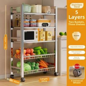 Multi-functional Stainless Steel Mobile Kitchen Storage Rack