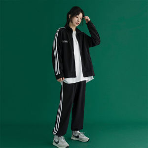 Womens Running Sport Set Casual Thin Outerwear Loose Large Size Cotton Student Class Uniform Two-Piece Suit Autumn Winter