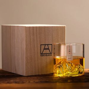 Japanese 3D Glacier Mountain Whiskey Glass Set - Old Fashioned & Rock Glasses with Wooden Gift Box for Whisky Vodka Wine