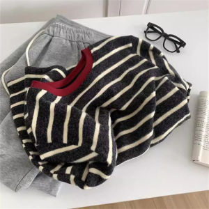 Retro Ankela Red round Neck Stripes Long Sleeves T-shirt Female Fall and Winter Lazy Dehaired Angora Thickened Soft Glutinous Bottoming Shirt Tops