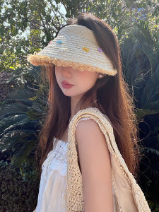 Sweet Butterfly Knot Straw Hat Womens Summer New Style Beach Vacation Sunshade UV Protection Hat Large Brim Empty Top Cap