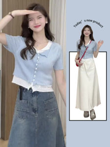 Áo Thun Nữ Tay Ngắn Màu Xanh Lam Giả Hai Mảnh Bằng Lụa Băng Thiết Kế Eo Nhỏ Thời Trang Mùa Hè Thường Ngày Phong Cách Hàn Quốc