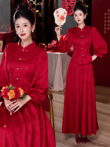 Red Evening Gown Two-Piece Set for Brides Improved Cheongsam Half Skirt Wedding Ceremony Celebration Cocktail Party Attire