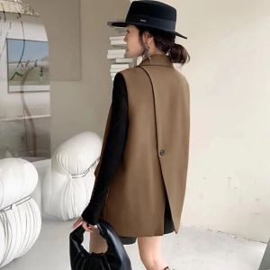 Elegant Black Blazer Vest Womens Spring Autumn Fashion Design Sleeveless Back Split Suit Style Long Length Button Detail