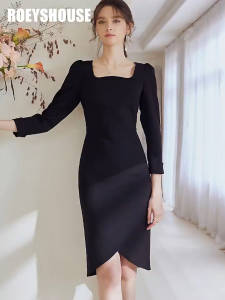 Đầm Ôm Body Đen Thanh Lịch Tay Dài Thiết Kế Cổ Vuông Tà Lệch Sang Trọng Dự Tiệc/Đi Làm
