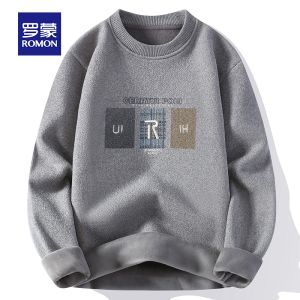 ROMON | Lormen Mens Fleece Lined Thickened Round Neck Knitwear Winter Style Mink Velvet Base Layer Trendy Warm Top Casual Long Sleeve