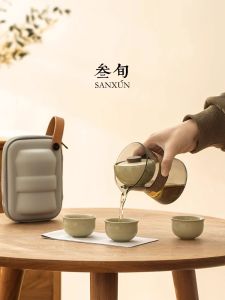 SANXUN | Portable Tea Set with Rotating Infuser 1 Pot 3 Cups