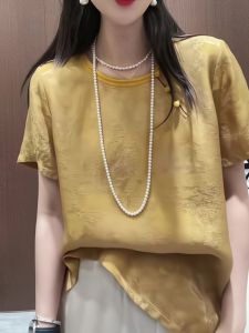 New Chinese Style Loose Shoulder Short Sleeve Womens T-shirt Summer 2025 Button up Zen Spirit Top Breathable Casual Shirt