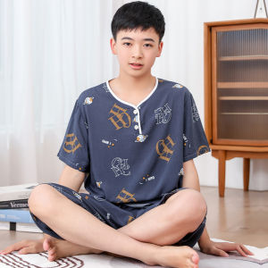 Teenage Boys Cotton Silk Sleepwear Long Sleeve Home Clothes Set Artificial Cotton Lightweight Summer Comfortable Cartoon Print Pajamas
