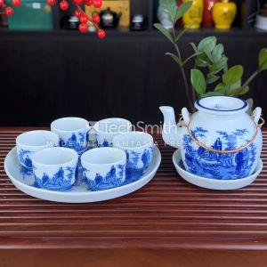 Bộ Ấm Pha Trà Men Lam Nắp Lõm Khay Đĩa Đơn Bát Tràng Trúc Lâm Thất Hiền - Ấm Quai Đồng Dung Tích 390ML