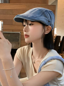 Casual Vintage Denim Washable Hat for Women Korean Style Large Head Revealing Face Small Beret Hat British Artistic Childrens Hat
