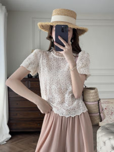 Zhang Sheshi Lace Texture Tea Rose Edge Top Korean Style Commute Cotton Nylon Blend Short Sleeve Stand Collar Pure Color