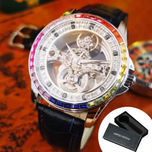 AOKULASIC | AOKULASIC Luxury Skeleton Automatic Watch for Men Fashion Black Leather Strap Luminous Hands Business Mechanical Mens Watches