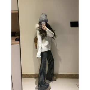 Retro Korean Design Striped Wide Leg Casual Pants Womens Spring Autumn Sweet Cool Style Drapey Floor-Length Straight Leg Trousers
