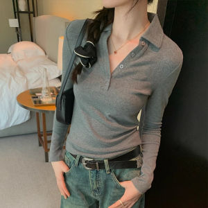 Áo Thun Cổ Polo Dài Tay Ôm Vừa Vặn Cho Nữ Mùa Xuân Thu Màu Xám Hoa Thiết Kế Cổ Polo Tay Dài Mặc Trong