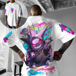 Bandai | 2026 Summer New Pokemon Cotton T Shirt Gengar Back Print Colorful Graffiti Design Front Chest Logo Loose Fit Men Women Casual